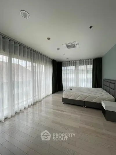 Spacious bedroom with large windows and modern decor