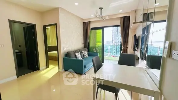 Modern living room with balcony view in a stylish apartment