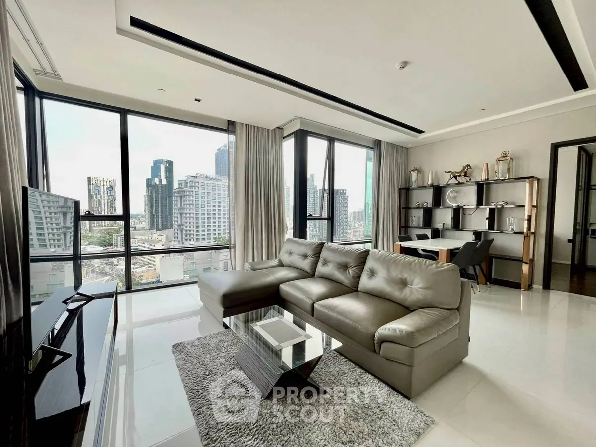 Luxurious modern living room with stunning city view and elegant furnishings