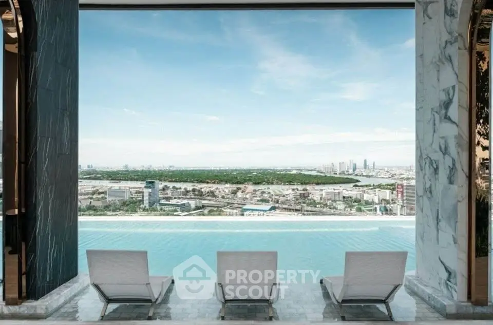 Luxurious rooftop infinity pool with stunning city skyline view, perfect for relaxation and leisure.