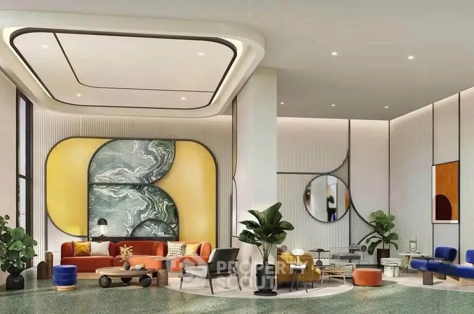 Luxurious modern living room with stylish decor and vibrant furniture in a spacious open layout.