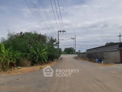 Rural road with lush greenery and utility poles under a cloudy sky