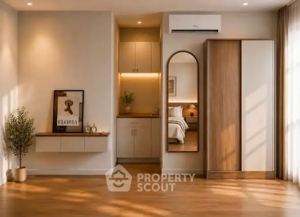Elegant bedroom with wooden flooring, built-in wardrobe, and stylish decor.