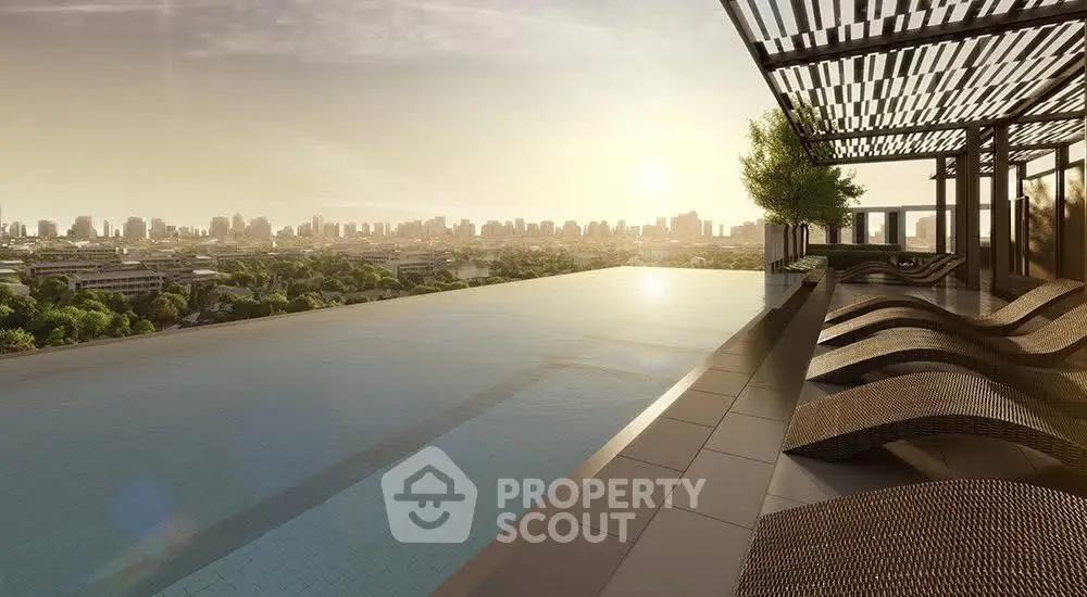 Luxurious rooftop infinity pool with stunning city skyline view at sunset.