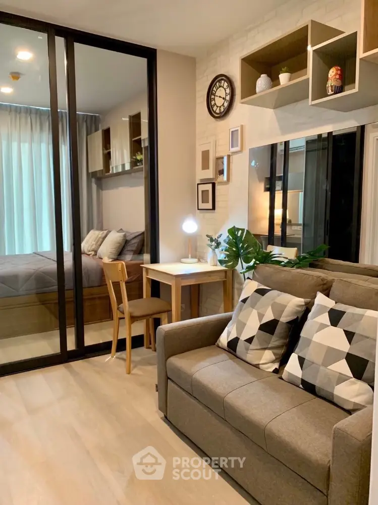 Modern living room with stylish decor and cozy seating area