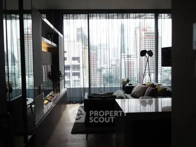 Modern living room with city view and stylish decor