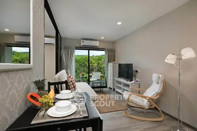 Modern living room with balcony view and stylish furniture
