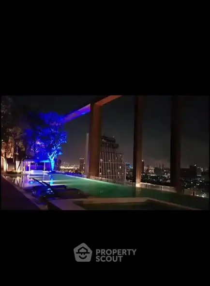 Luxurious rooftop pool with stunning city skyline view at night.