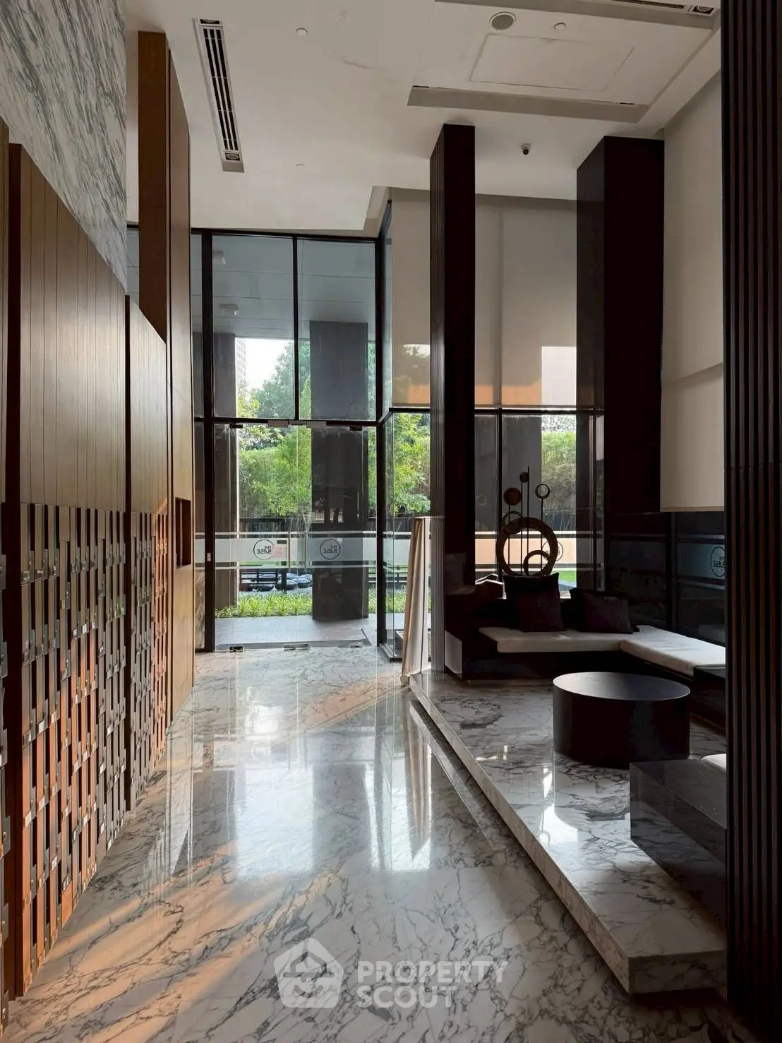 Luxurious modern lobby with marble flooring and elegant decor