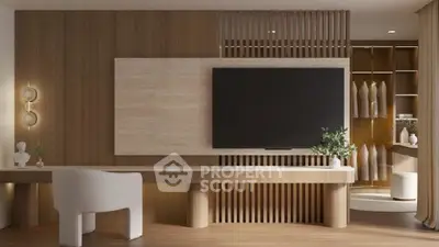 Modern living room with sleek wooden decor and large TV, featuring elegant lighting and stylish furniture.