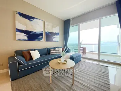 Luxurious living room with modern decor and stunning balcony view