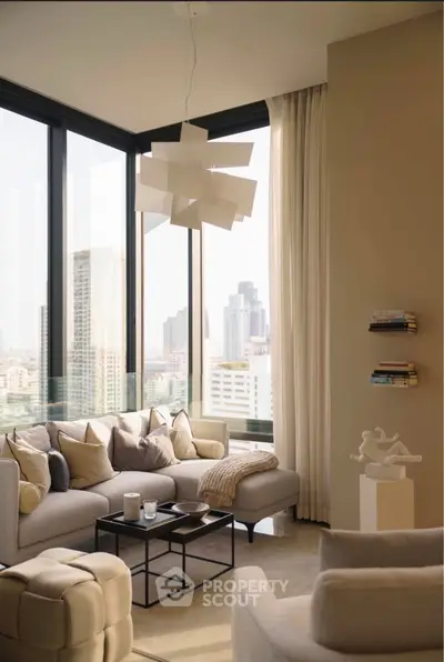 Luxurious corner living room with panoramic city views and modern decor