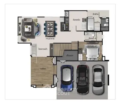 Modern house floor plan with spacious living and dining areas, three-car garage, and open kitchen layout.