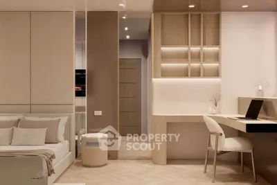 Modern bedroom with elegant study area and stylish decor