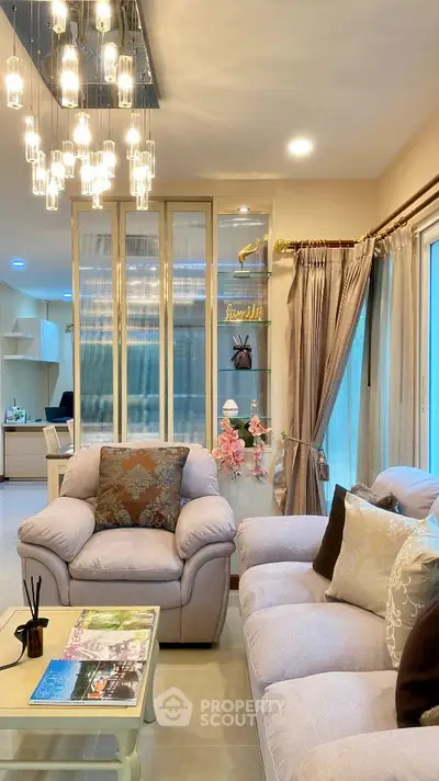Luxurious living room with elegant lighting and plush seating