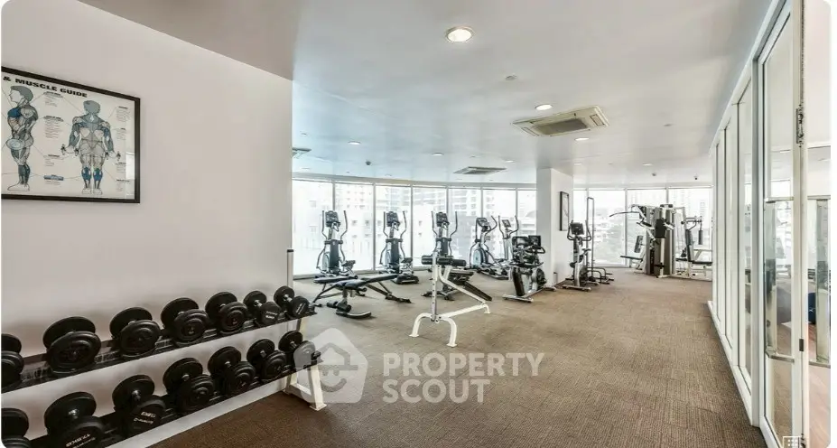 Spacious gym with modern equipment and city view in luxury apartment building.