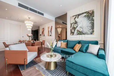 Luxurious living room with elegant decor and plush seating in modern apartment