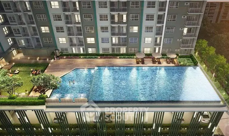Luxurious rooftop pool with stunning city views in modern apartment complex.