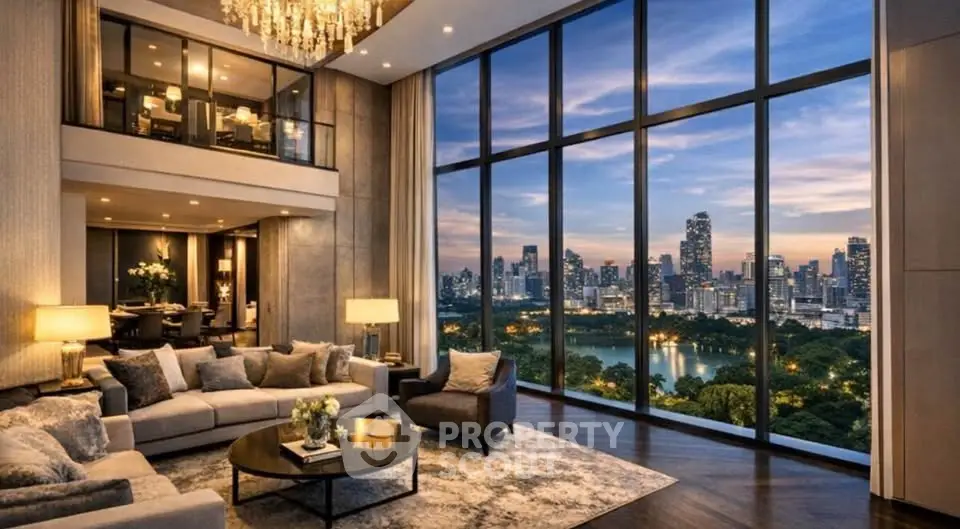 Luxurious living room with floor-to-ceiling windows offering stunning city skyline view.