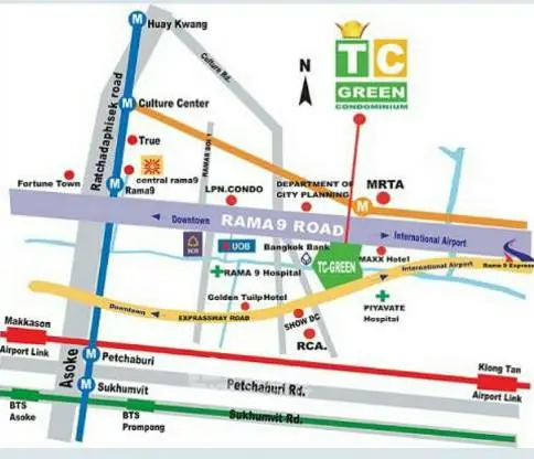 Map highlighting TC Green Condominium location near Rama 9 Road with nearby landmarks.