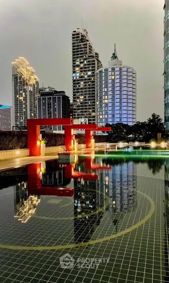 Stunning rooftop pool with city skyline view at dusk, reflecting modern architecture.