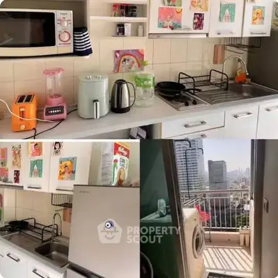 Charming kitchen with modern appliances and balcony view in urban apartment.