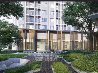 Modern apartment building with lush landscaped garden and water feature, offering serene urban living.