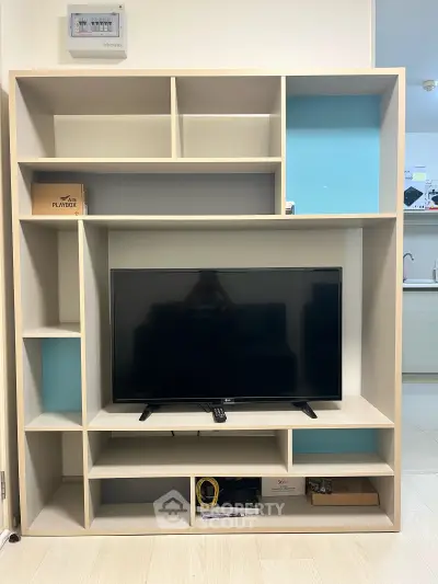 Modern living room with stylish TV stand and sleek design