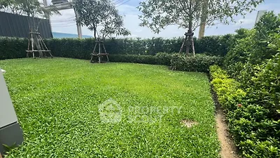 Lush green garden with manicured hedges and young trees in a serene setting.