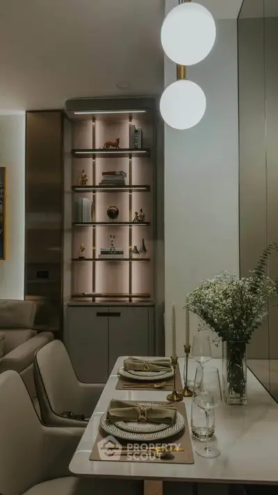 Elegant dining area with modern decor and ambient lighting in a stylish apartment.