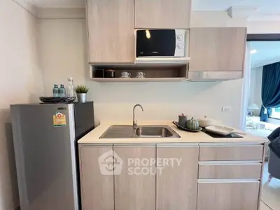 Modern compact kitchen with sleek cabinetry and appliances in a stylish apartment