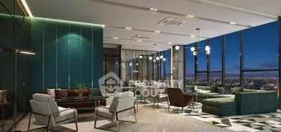 Luxurious modern living room with panoramic city views and elegant furnishings.