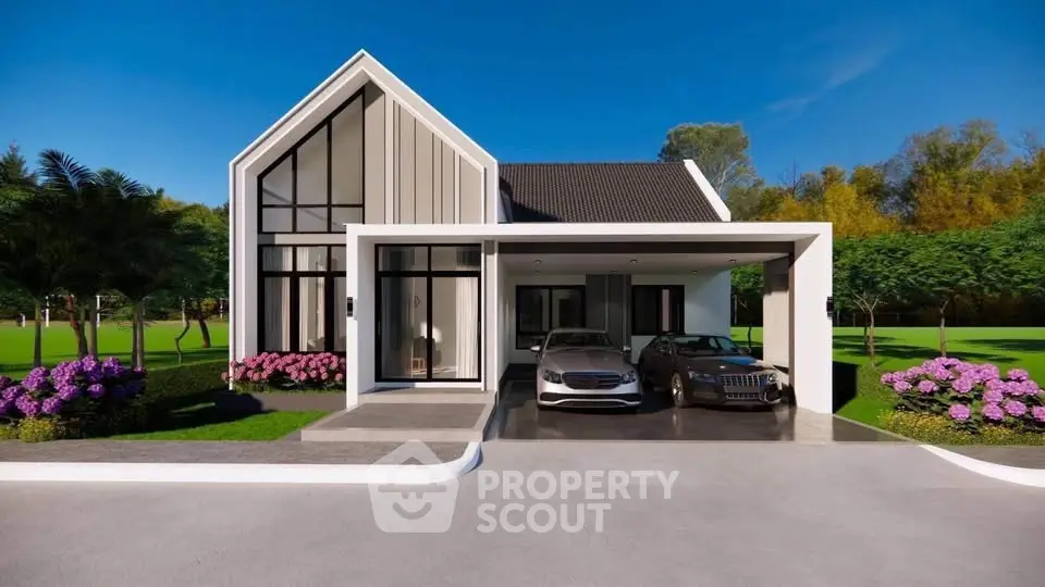 Modern luxury home with sleek design and spacious driveway, surrounded by lush greenery and vibrant flowers.