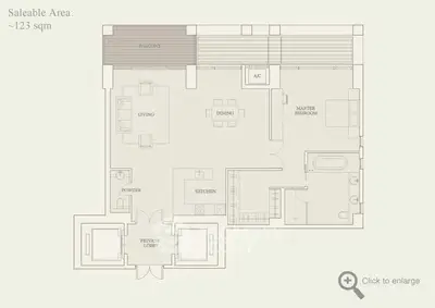 Elegant floor plan of a spacious apartment with balcony, master bedroom, and open living-dining area.