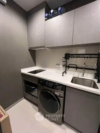Modern compact kitchen with sleek appliances and efficient layout