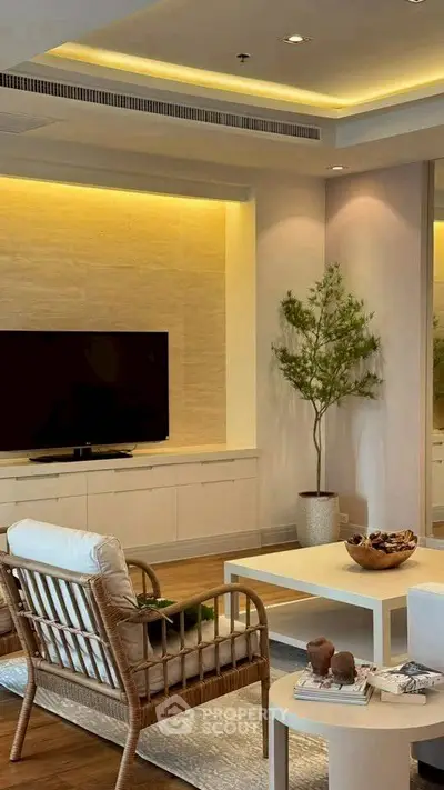 Elegant living room with modern decor and ambient lighting