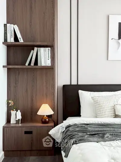 Modern bedroom with stylish wooden shelving and cozy bedding