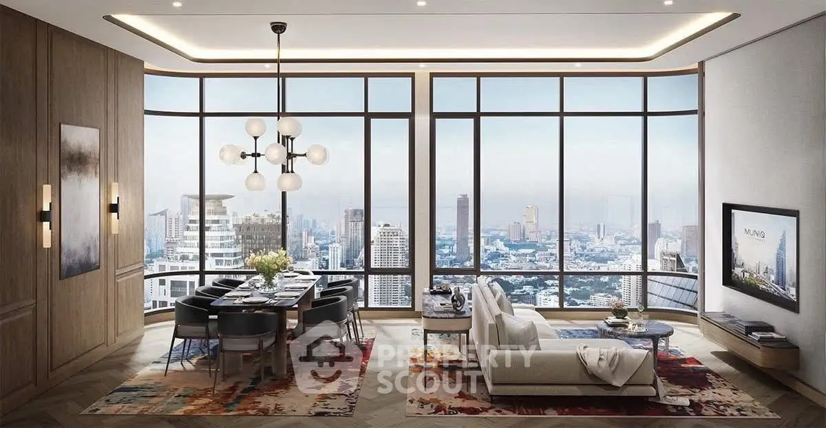 Luxurious modern living room with panoramic city views and elegant decor