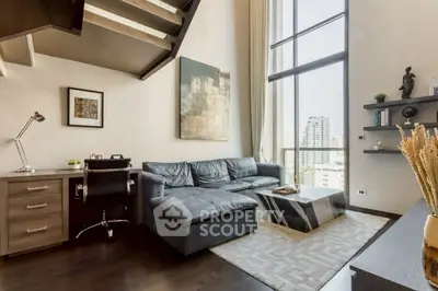 Luxurious modern living room with high ceilings and city view, featuring sleek furniture and elegant decor.