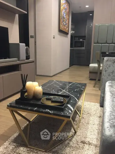 Modern living room with elegant marble coffee table and stylish decor