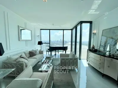 Luxurious living room with panoramic city views and elegant decor, featuring a grand piano and plush seating.