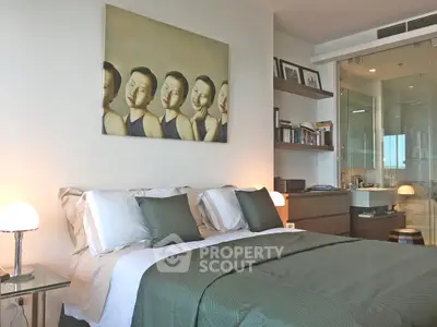 Luxurious bedroom with modern decor and elegant glass partition bathroom