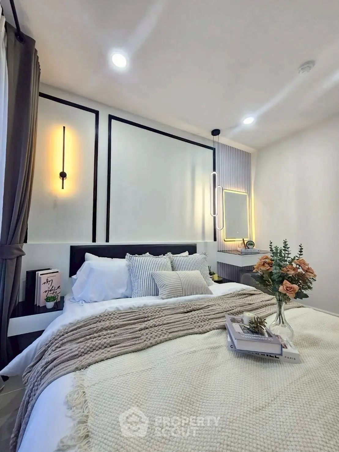 Cozy and modern bedroom with stylish decor and soft lighting
