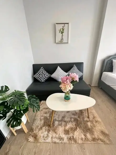 Chic living room with modern black sofa, stylish cushions, and elegant decor in cozy apartment.