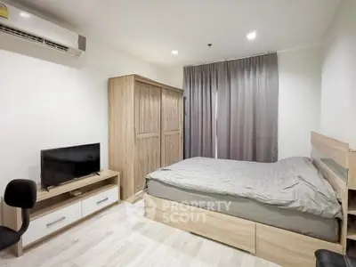 Modern bedroom with wooden furniture and cozy ambiance