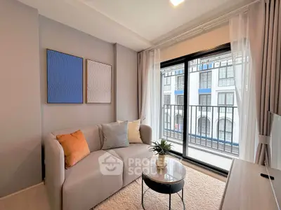 Modern living room with cozy sofa and balcony view in stylish apartment