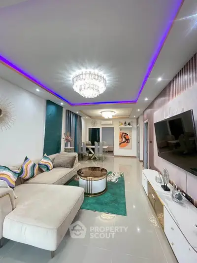 Luxurious modern living room with elegant decor and ambient lighting