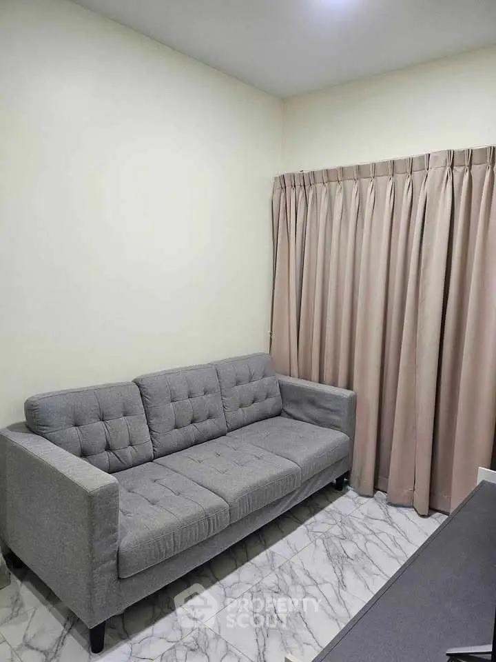 Cozy small living room with a gray sofa and elegant curtains.