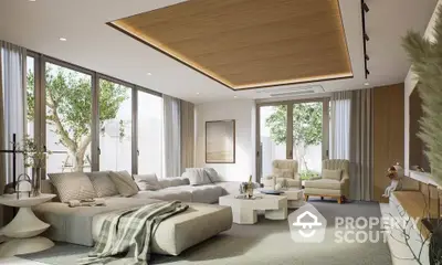 Luxurious modern living room with elegant decor and large windows offering natural light.