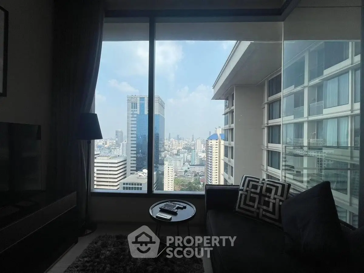 Stunning city view from modern living room with large windows and cozy seating.